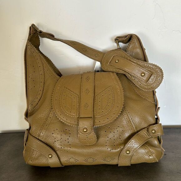 BCBG MAXAZRIA Olive Green Pebbled Leather Hobo Shoulder Bag Slouchy Purse Studs - Picture 11 of 16